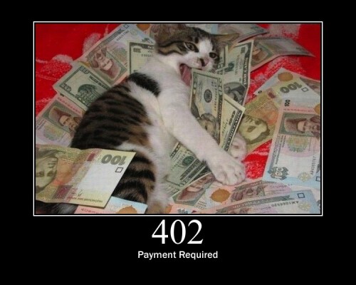 402 Payment Required  Reserved for future use. This code is generally not used, but the original intension was it can be used for some form of Digital Cash.